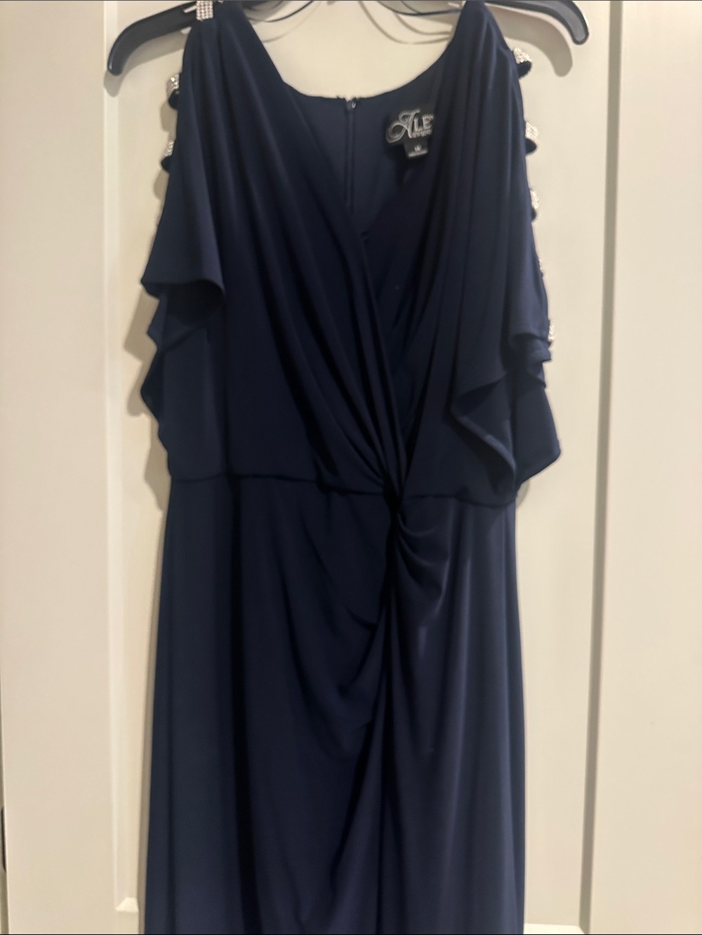 Alex Evenings Navy Draped Twist-Front Gown with Embellished Shoulders